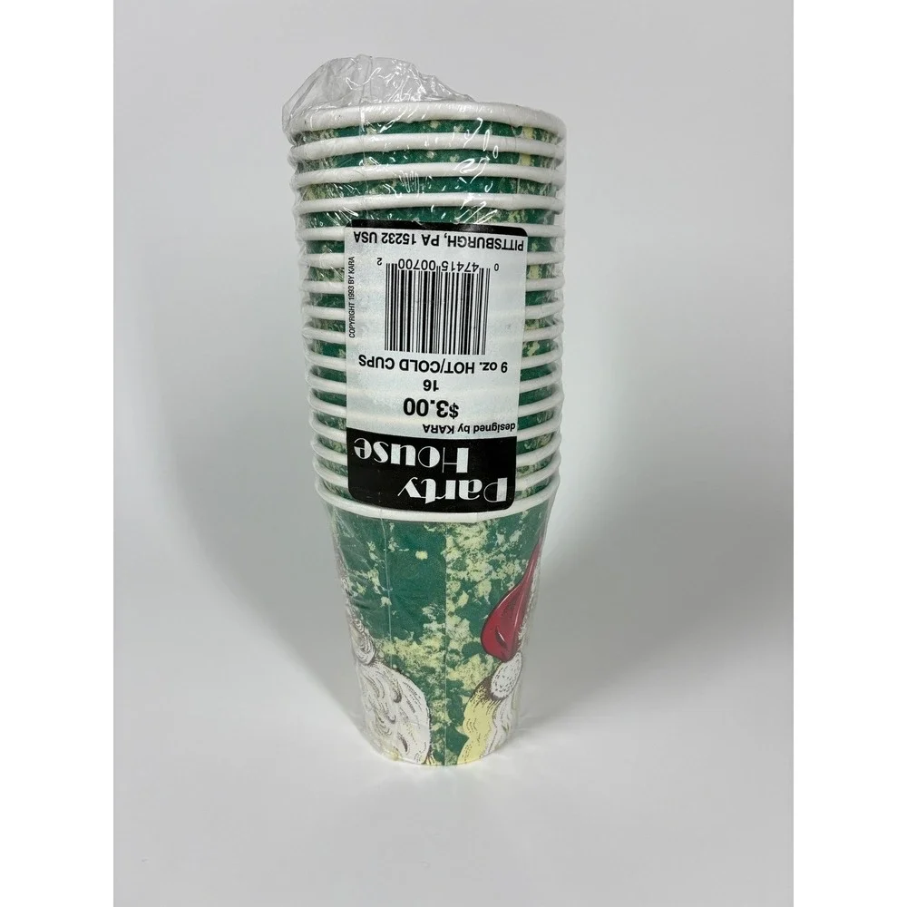 Vintage 90s Party House Santa Paper Cups 16 Count 9oz Green Marble 1993 KARA